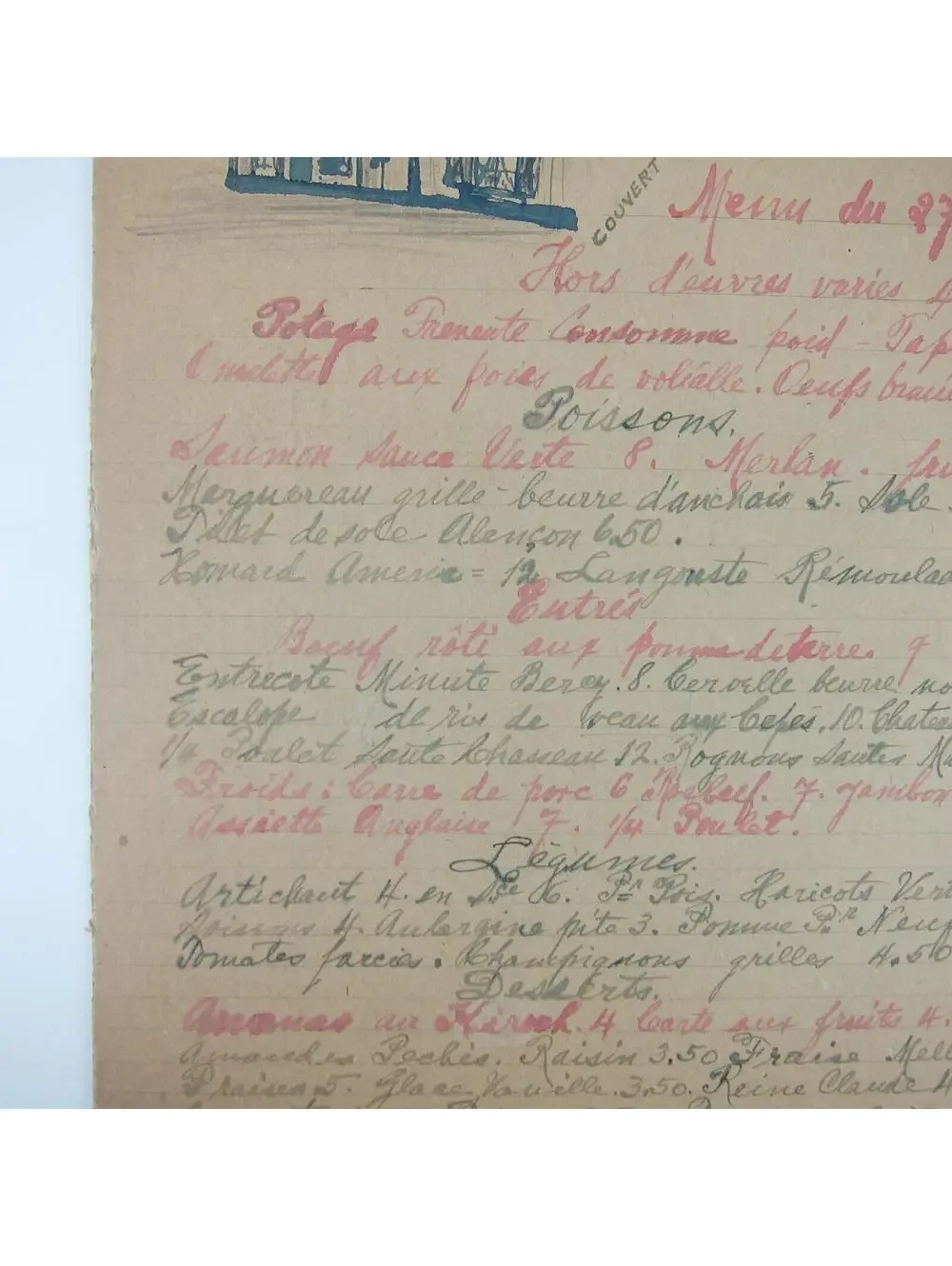 Antique 1920s Menu Cafe D'Alencon Montparnasse Paris France Wine Prices Handmade